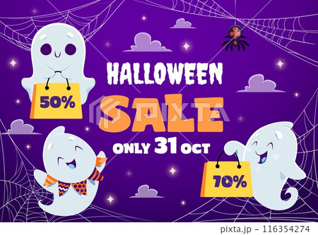Kawaii ghosts on Halloween sale banner with spider and cobweb, cartoon vector background. Halloween holiday sale and discount promotion offer banner with happy funny boo ghosts with shopping bags Kawaii ghosts on Halloween sale banner with spider and cobweb, cartoon vector background. Halloween holiday sale and discount promotion offer banner with happy funny boo ghosts with shopping bags 116354274