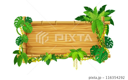 Bamboo tropical frame with jungle lianas and leaves. Cartoon vector wooden signboard, wood plank or border with green vines and Amazon thicket. Timber panel with rainforest plants, game menu interface Bamboo tropical frame with jungle lianas and leaves. Cartoon vector wooden signboard, wood plank or border with green vines and Amazon thicket. Timber panel with rainforest plants, game menu interface 116354292