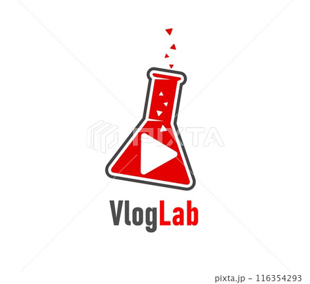 Vlog icon, featuring a red laboratory flask or beaker with red liquid and play button. Isolated vector emblem for vloggers, content creators and science-related media. Label for branding and marketing Vlog icon, featuring a red laboratory flask or beaker with red liquid and play button. Isolated vector emblem for vloggers, content creators and science-related media. Label for branding and marketing 116354293