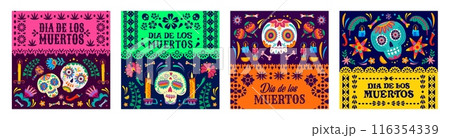 Day of the Dead papel picado paper cut flags with Dia de los Muertos sugar skulls, maracas and ofrenda candles. Vector mexican Halloween skulls and festive bunting garland with ethnic floral pattern 116354339