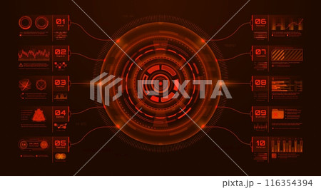 Red hud infographics, vector futuristic, high-tech interface or information display showcases glowing red concentric circle with surrounding panels displaying warnings, data, and icons in sci-fi style 116354394