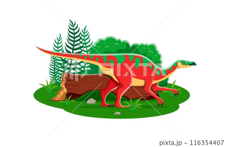 Anatotitan prehistoric dinosaur cartoon character. Isolated vector ancient herbivore reptile animal in natural landscape with plants and and tree log. Late cretaceous paleontology era wild lizard 116354407