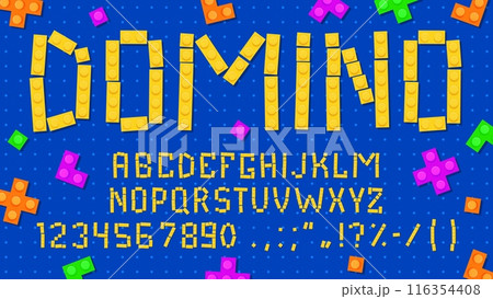 Brick block font, type. Kids typeface, playful and colorful domino abc script made of building constructor toy blocks. Vector alphabet letters, typographic symbols and numbers for kids education, game Brick block font, type. Kids typeface, playful and colorful domino abc script made of building constructor toy blocks. Vector alphabet letters, typographic symbols and numbers for kids education, game 116354408