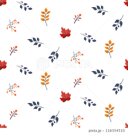 Botanical seamless pattern. Simple Plant. Simple autumn branches, plant. White background. Decorative ornament in Scandinavian style. Hand drown. Flat vector illustration 116354533
