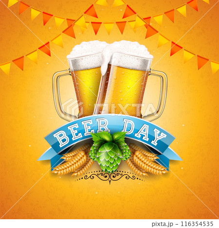 International Beer Day Design with Freshly Tapped Beer in the Mug, Party Flag and Barley Ears on Vintage Yellow Background. August 4 Vector Cheers Celebration Holiday Illustration with Text Label for International Beer Day Design with Freshly Tapped Beer in the Mug, Party Flag and Barley Ears on Vintage Yellow Background. August 4 Vector Cheers Celebration Holiday Illustration with Text Label for 116354535