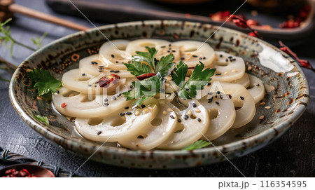 Lotus root salad garnished with sesame seeds and fresh herbs, a traditional and flavorful dish in Chinese cuisine. Lotus root salad garnished with sesame seeds and fresh herbs, a traditional and flavorful dish in Chinese cuisine. 116354595