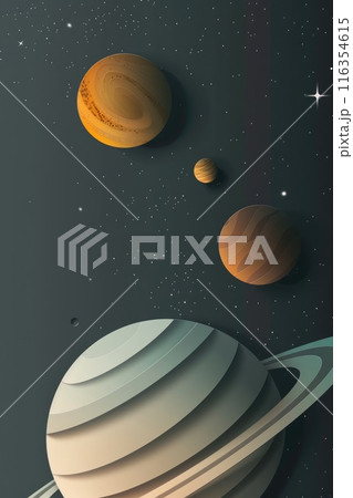 Cosmic artistry: 3d paper cut style poster of solar system planets on a black background, illustrating beauty of our celestial neighbors, creatively showcasing planets in a striking and modern design 116354615