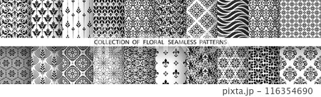 Geometric floral set of seamless patterns. White and black vector backgrounds. Damask graphic ornaments. 116354690
