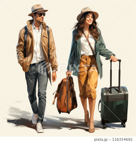 Whimsical wanderlust: amusing cartoons showcase tourists with suitcases, embarking on vibrant vacation escapades filled with fun, discovery, and adventure, exploring the world's wonders. 116354692