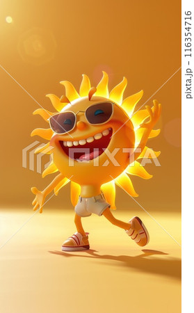 Scorching sun antics: onset of e arrival of abnormal strong heat, sun is overactive, cartoon style - depicting humorous antics of a very hot and overactive sun character in a playful cartoon style. 116354716