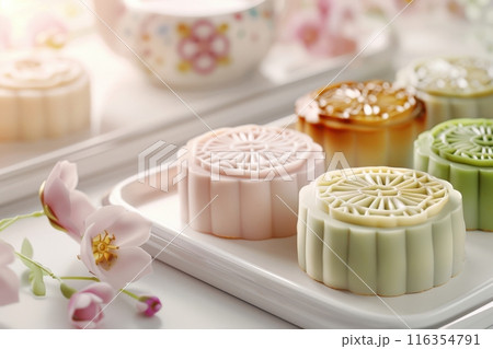 Assorted colorful mooncakes with floral decor, creating a festive and charming atmosphere for celebrations. 116354791