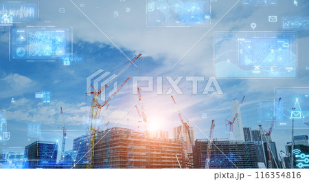 建設現場とデジタルテクノロジー バナー・広告向け横長ビジュアル 建設現場とデジタルテクノロジー バナー・広告向け横長ビジュアル 116354816
