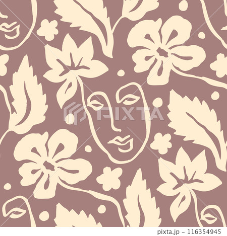 Brush strokes ink wash flowers and female faces neutral seamless pattern 116354945