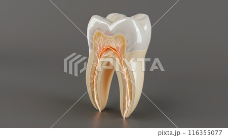Dental development: tooth structure, nerve, a visible cartilaginous stage, stages of tooth growth, from cartilage to fully developed nerve integration, intricate process of oral anatomical evolution. 116355077