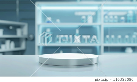 Pharmacology medicine stand mockup, empty podium on table with banner and copy space, showcasing pharmaceutical products, research, and innovation in the healthcare industry. 116355086