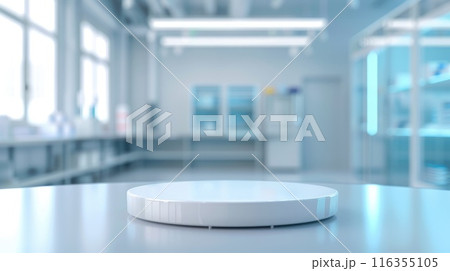 Pharmacology medicine stand mockup, empty podium on table with banner and copy space, showcasing pharmaceutical products, research, and innovation in the healthcare industry. 116355105