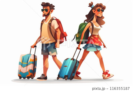 Charming travel tales: captivating cartoon illustrations depict tourists with suitcases as they embark on exciting vacations, experiencing new cultures, sights, and unforgettable moments. 116355187
