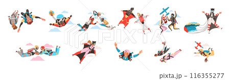 People Character Skydiving Falling Down with Parachute and in Wingsuit Vector Set People Character Skydiving Falling Down with Parachute and in Wingsuit Vector Set 116355277
