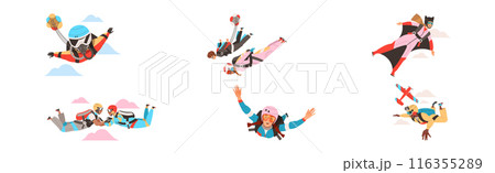 People Character Skydiving Falling Down with Parachute and in Wingsuit Vector Set People Character Skydiving Falling Down with Parachute and in Wingsuit Vector Set 116355289