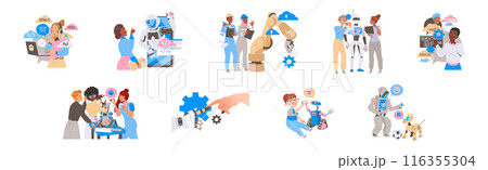 Robotics Programming with Male and Female Engineer Characters Engaged in Artificial Intelligence Development Vector Set Robotics Programming with Male and Female Engineer Characters Engaged in Artificial Intelligence Development Vector Set 116355304