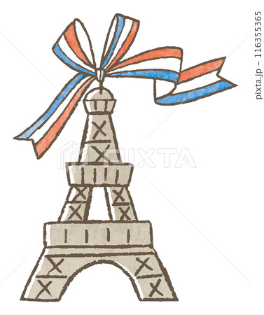 水彩で描いたトリコロールリボンが付いたエッフェル塔　パリ　フランス 116355365