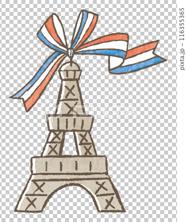 水彩で描いたトリコロールリボンが付いたエッフェル塔　パリ　フランス 116355365