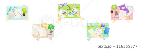 Writing Letter with Photo and Fill Paper Document with Human Hands Above View Vector Set Writing Letter with Photo and Fill Paper Document with Human Hands Above View Vector Set 116355377