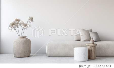 Minimalist interiors design composition with minimal furniture, window lighting and copy space. Residential realty luxurious property in neutral colors. 116355384