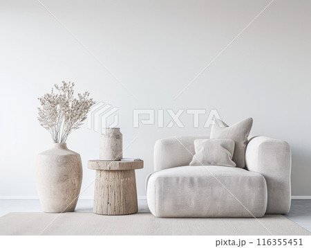 Minimalist interiors design composition with minimal furniture, window lighting and copy space. Residential realty luxurious property in neutral colors. Minimalist interiors design composition with minimal furniture, window lighting and copy space. Residential realty luxurious property in neutral colors. 116355451