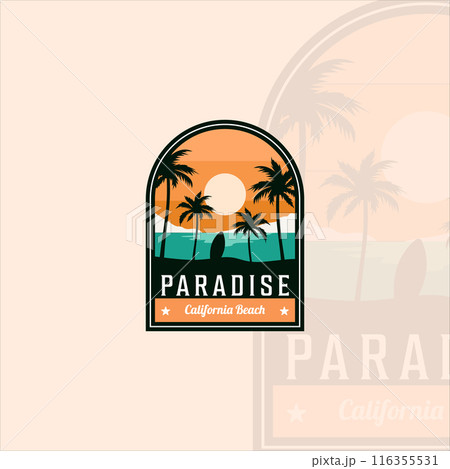 beach or paradise emblem logo modern vintage vector illustration template icon graphic design. palm or coconut tree at the outdoors with surfboard sign or symbol for travel adventure 116355531