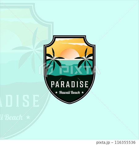 beach or paradise emblem logo modern vintage vector illustration template icon graphic design. palm or coconut tree at the outdoors sign or symbol for travel adventure 116355536