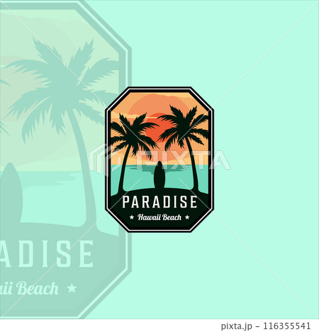 beach or paradise emblem logo modern vintage vector illustration template icon graphic design. palm or coconut tree at the outdoors with surfboard sign or symbol for travel adventure 116355541