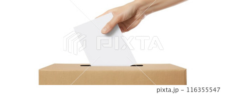 Democratic act - hand placing ballot paper in ballot box for voting, capturing essence of election concept, highlighting significance of secret ballot, and illustrating the intense preelection race 116355547