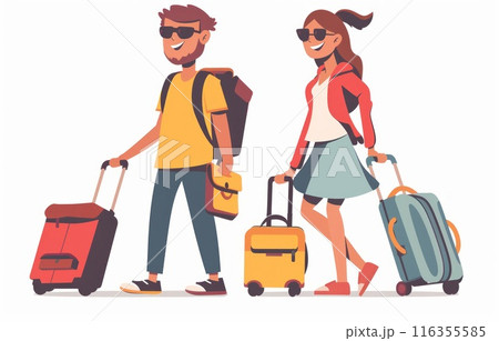 Whimsical wanderlust: amusing cartoons showcase tourists with suitcases, embarking on vibrant vacation escapades filled with fun, discovery, and adventure, exploring the world's wonders. 116355585