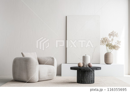 Interiors composition with minimal furniture, ample copy space and a large window providing neutral lighting. Residential Real Estate conceptual image. 116355695