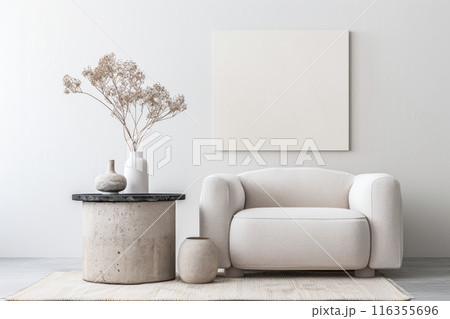 Interiors composition with minimal furniture, ample copy space and a large window providing neutral lighting. Residential Real Estate conceptual image. 116355696