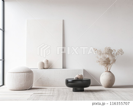 Interiors composition with minimal furniture, ample copy space and a large window providing neutral lighting. Residential Real Estate conceptual image. 116355707