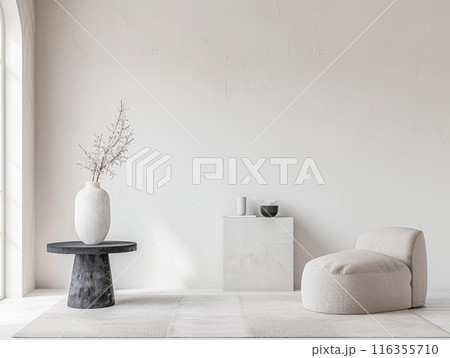Interiors composition with minimal furniture, ample copy space and a large window providing neutral lighting. Residential Real Estate conceptual image. 116355710