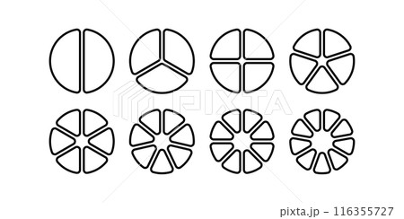 Circle division infographic icon set. Pie chart divided 7,8,9 equal parts. Outline ring donut round diagram. Infographic circular wheel fraction. Vector illustration isolated on white background Circle division infographic icon set. Pie chart divided 7,8,9 equal parts. Outline ring donut round diagram. Infographic circular wheel fraction. Vector illustration isolated on white background 116355727
