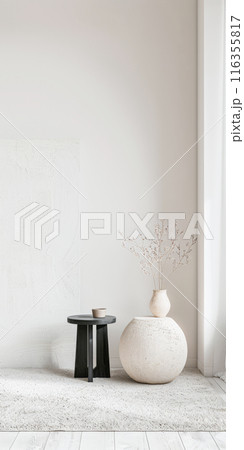 Interiors composition with minimal furniture, ample copy space and a large window providing neutral lighting. Residential Real Estate conceptual image. 116355817