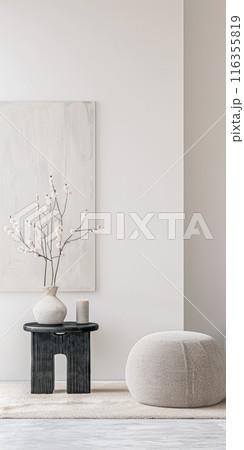 Interiors composition with minimal furniture, ample copy space and a large window providing neutral lighting. Residential Real Estate conceptual image. 116355819