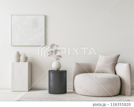 Interiors composition with minimal furniture, ample copy space and a large window providing neutral lighting. Residential Real Estate conceptual image. Interiors composition with minimal furniture, ample copy space and a large window providing neutral lighting. Residential Real Estate conceptual image. 116355820