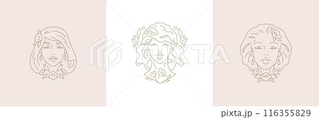 Elegant botanical beauty woman portrait with flower line art set for simple logo poster vector 116355829