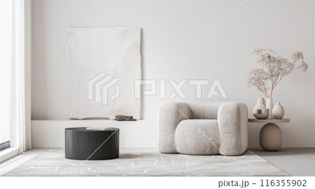 Interiors composition with minimal furniture, ample copy space and a large window providing neutral lighting. Residential Real Estate conceptual image. 116355902