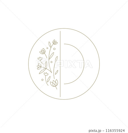 Botanical round frame half flower decorative design hand drawn line art element for logo vector Botanical round frame half flower decorative design hand drawn line art element for logo vector 116355924