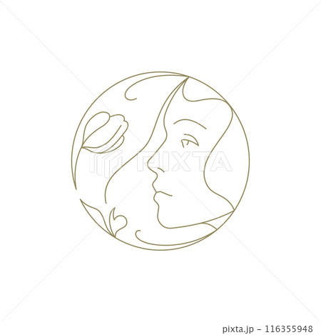 Female face silhouette with flower hand drawn golden circle frame line art logo vector illustration Female face silhouette with flower hand drawn golden circle frame line art logo vector illustration 116355948