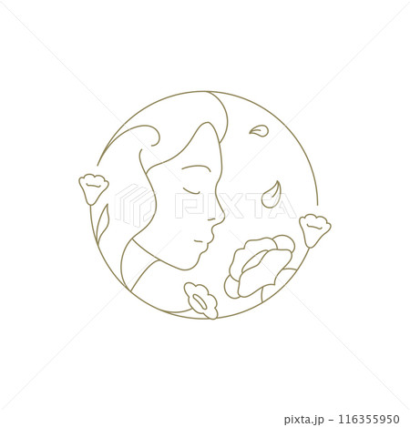 Woman face smell flower botanical blossom golden circle frame line art logo vector illustration 116355950