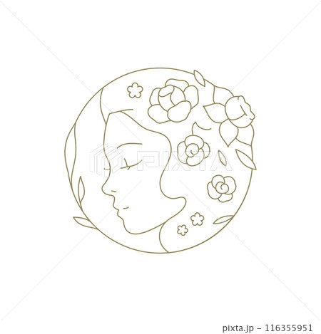 Beauty woman face with flower in hair hand drawn golden circle frame line art logo vector 116355951