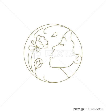 Elegant female portrait smell botanical flower hand drawn circle frame line art logo vector Elegant female portrait smell botanical flower hand drawn circle frame line art logo vector 116355959