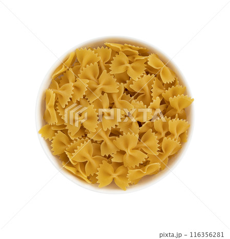 bowl of farfalle pasta on white background, top view 116356281